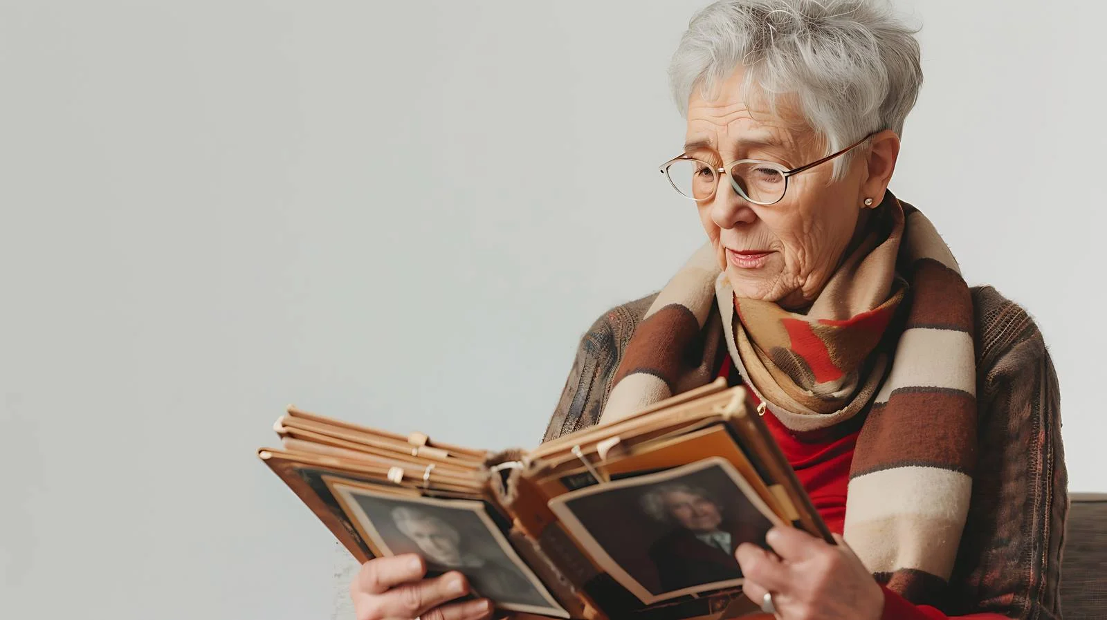 Senior woman adding old photos — free download from Dotvec