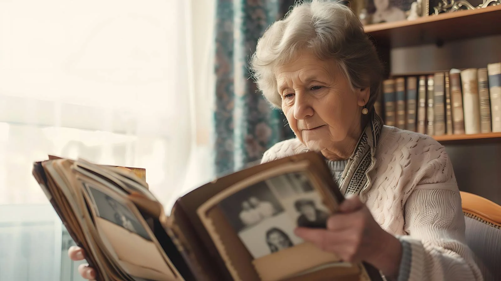 Senior woman adding old photos activity — free download from Dotvec