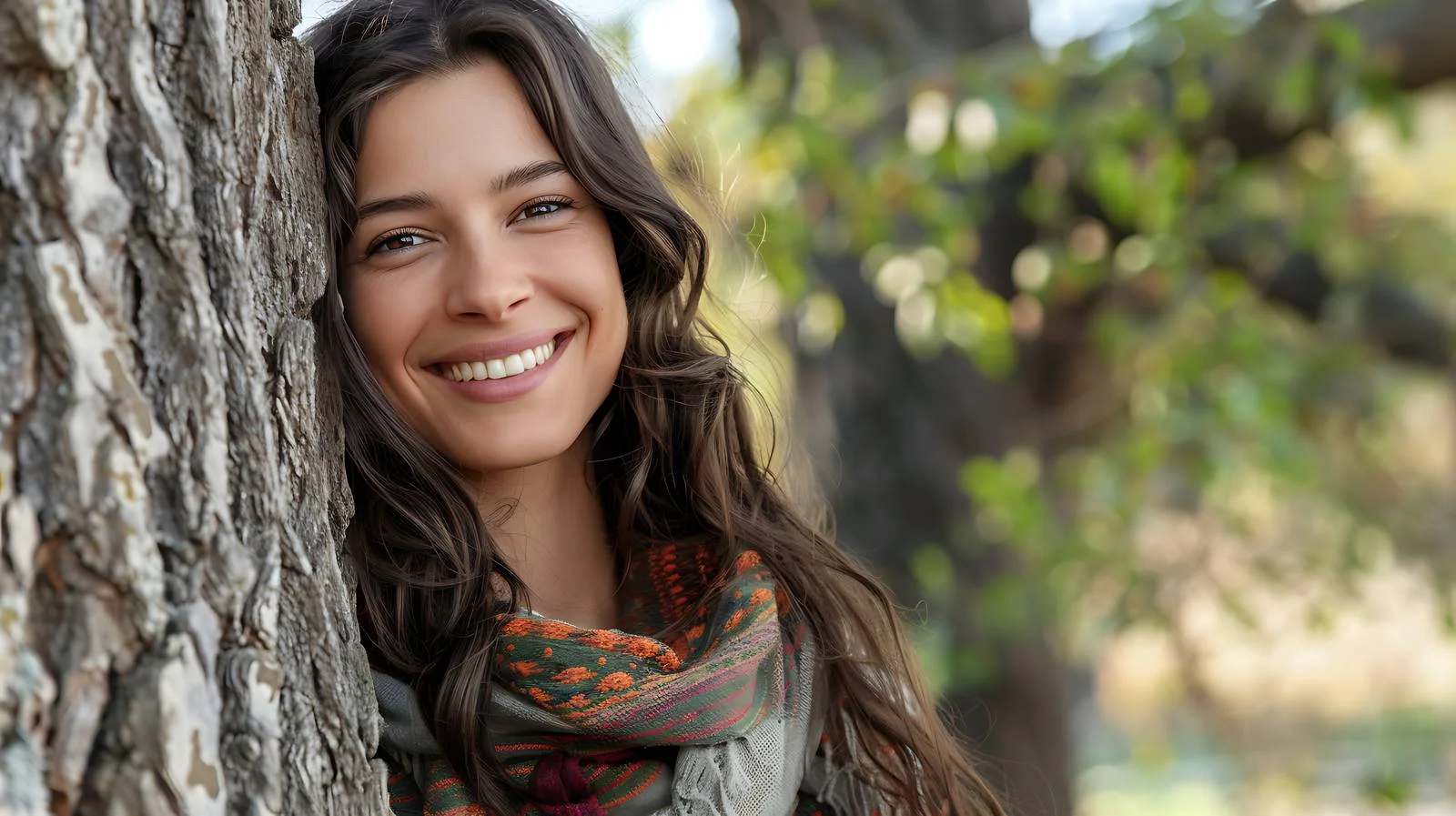 Joyful brunette woman leaning against wall — free download from Dotvec