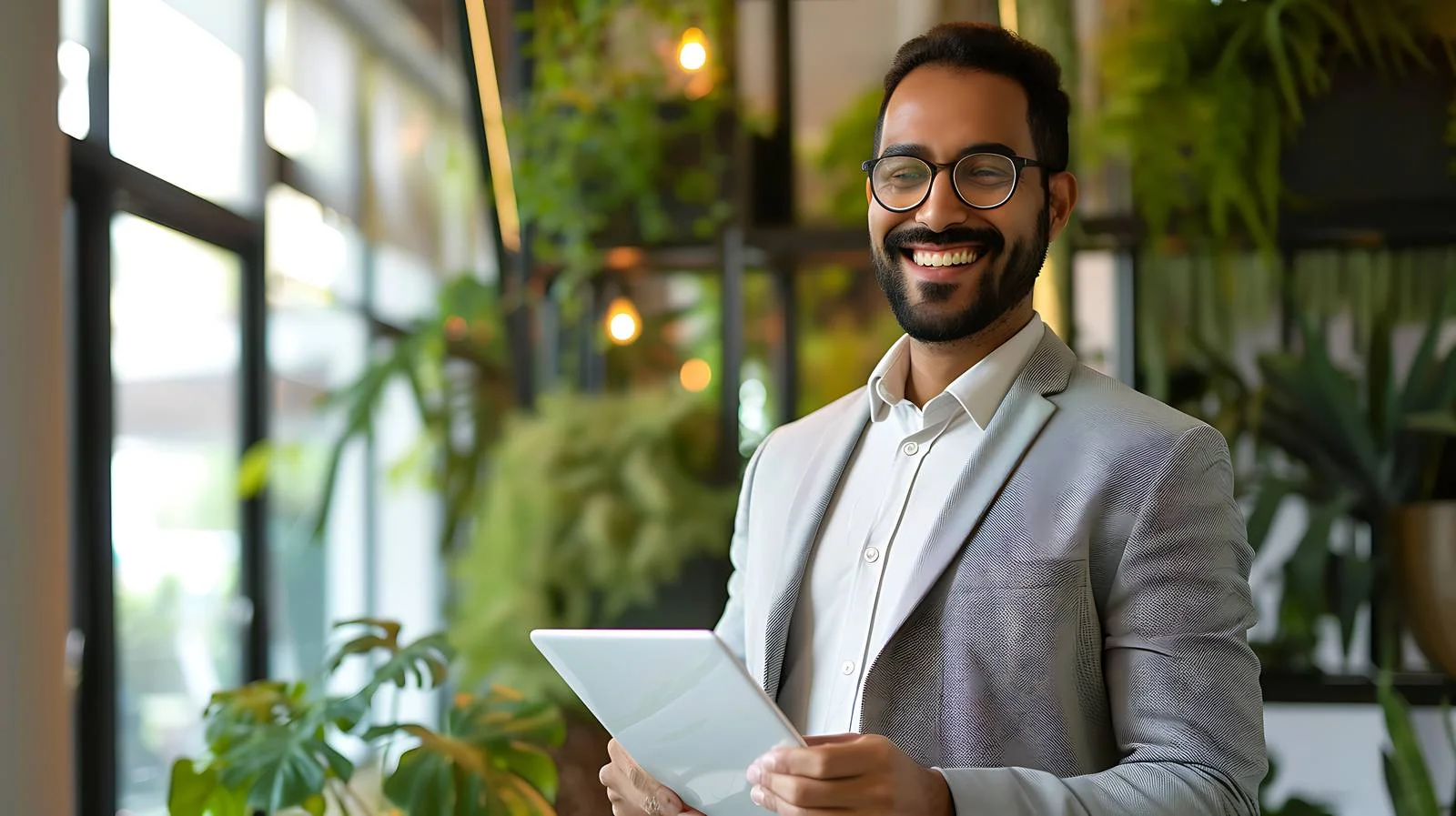 Businessman happily using tablet in office — free download from Dotvec