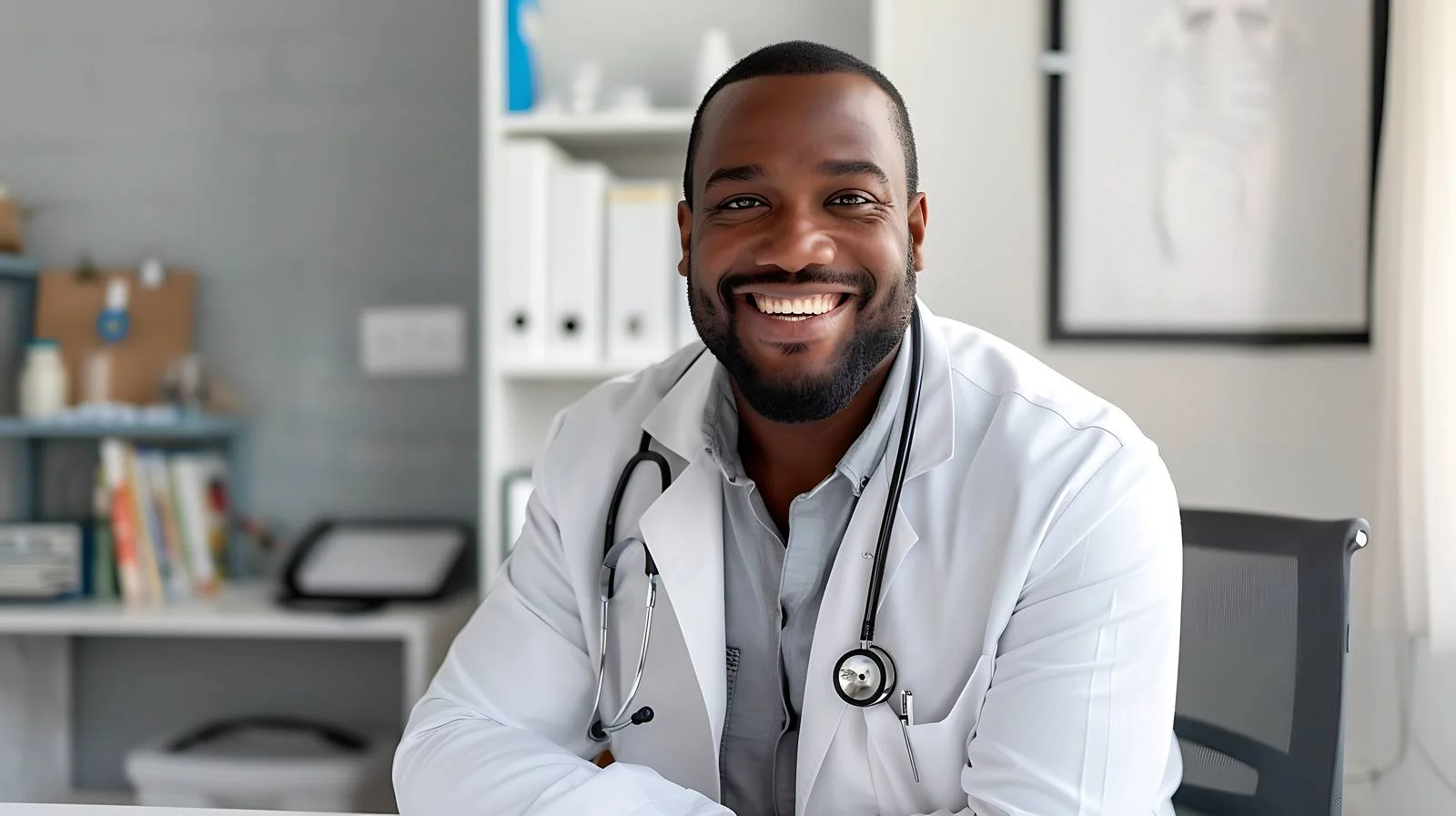 Happy male healthcare worker sitting down — free download from Dotvec