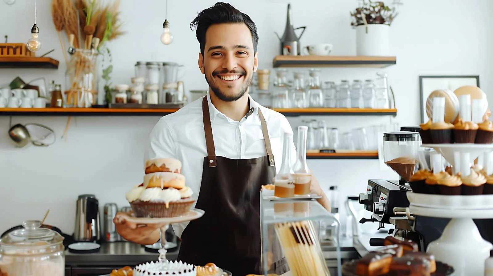 Smiling Man Serving Drink and Cake — free download from Dotvec