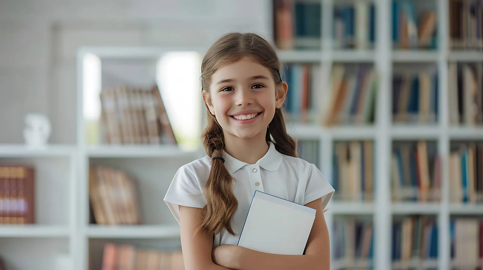 Cheerful Schoolgirl with Book in School — free download from Dotvec