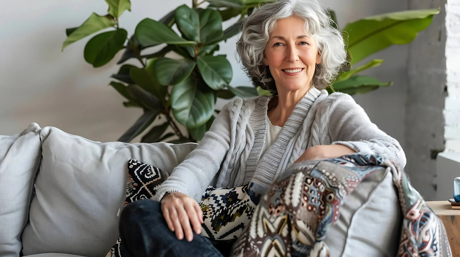 Cheerful Elderly Lady Resting on Sofa — free download from Dotvec