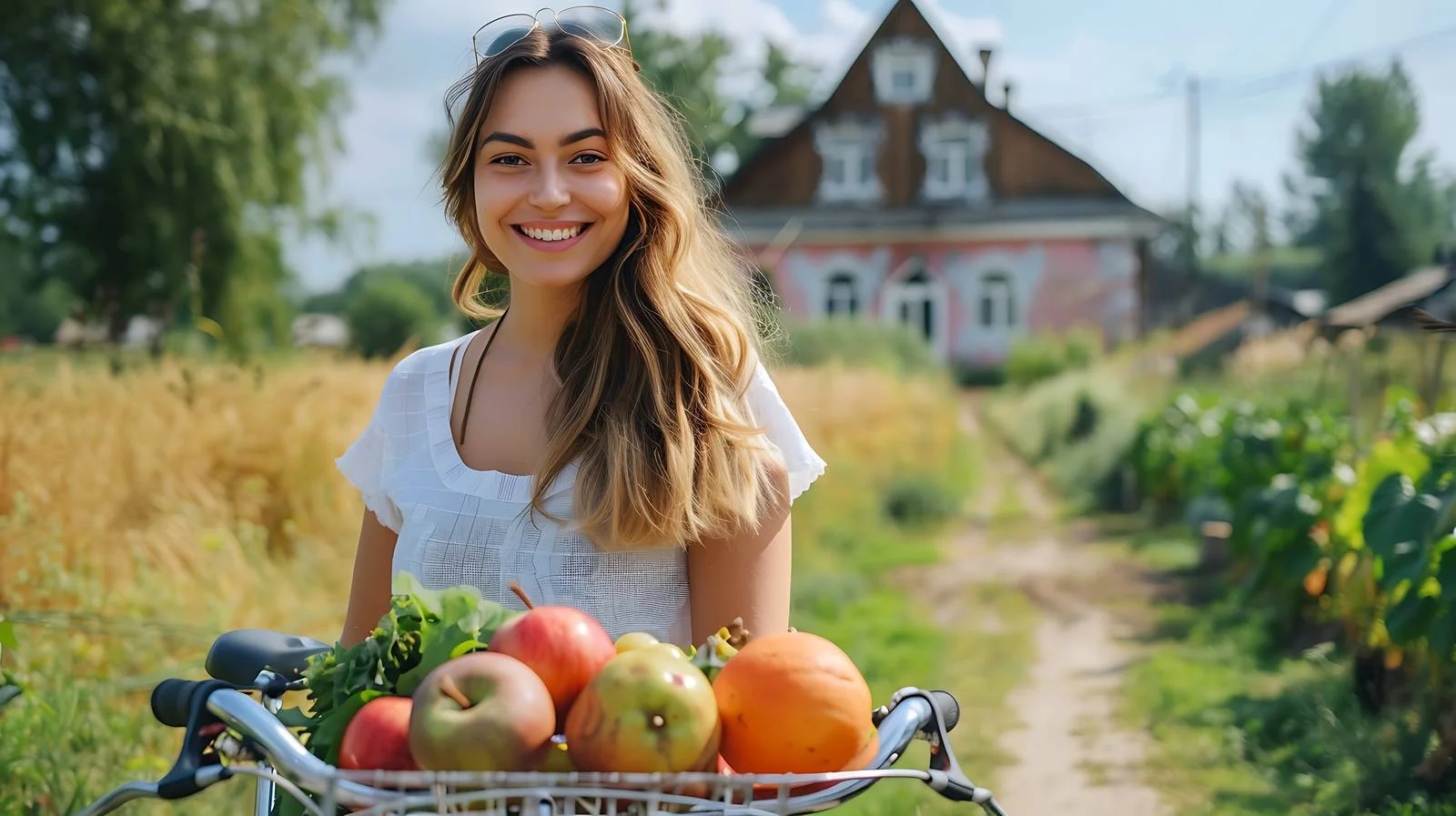 Joyful woman with bicycle and organic items — free download from Dotvec