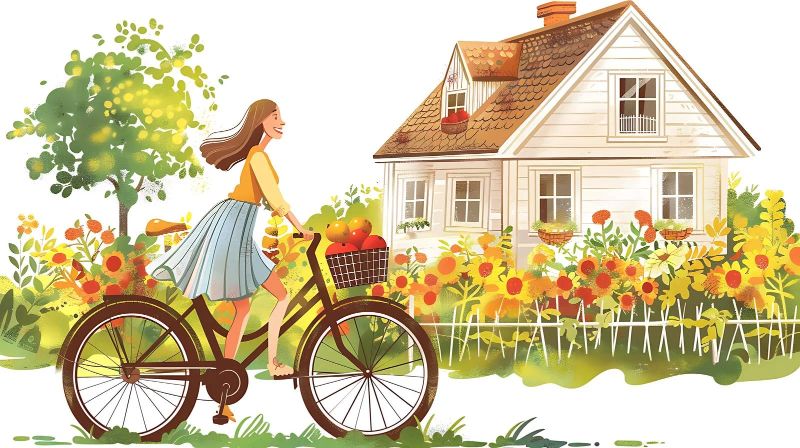 Joyful woman with bike and organic food — free download from Dotvec