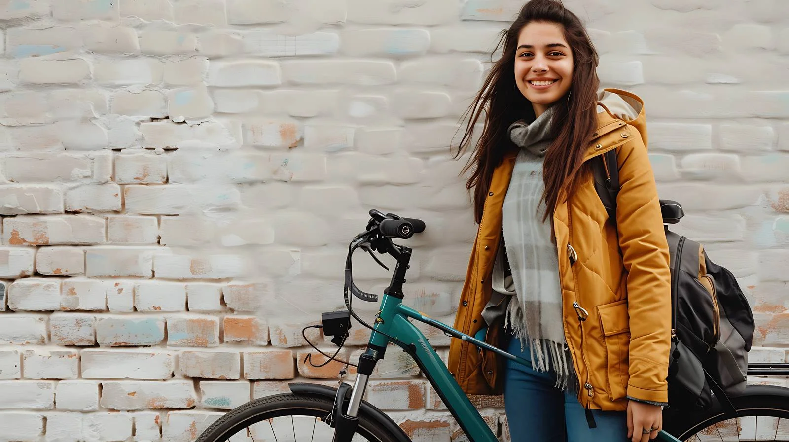 Joyful woman posing with e-bike near brick wall — free download from Dotvec