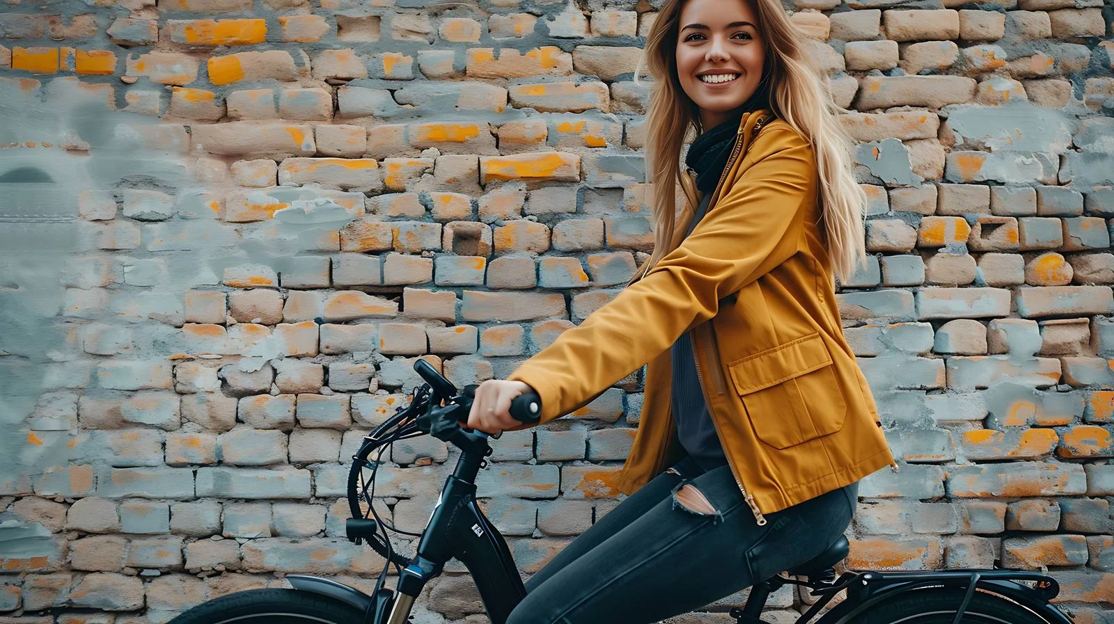 Cheerful woman with e-bike by brick wall — free download from Dotvec