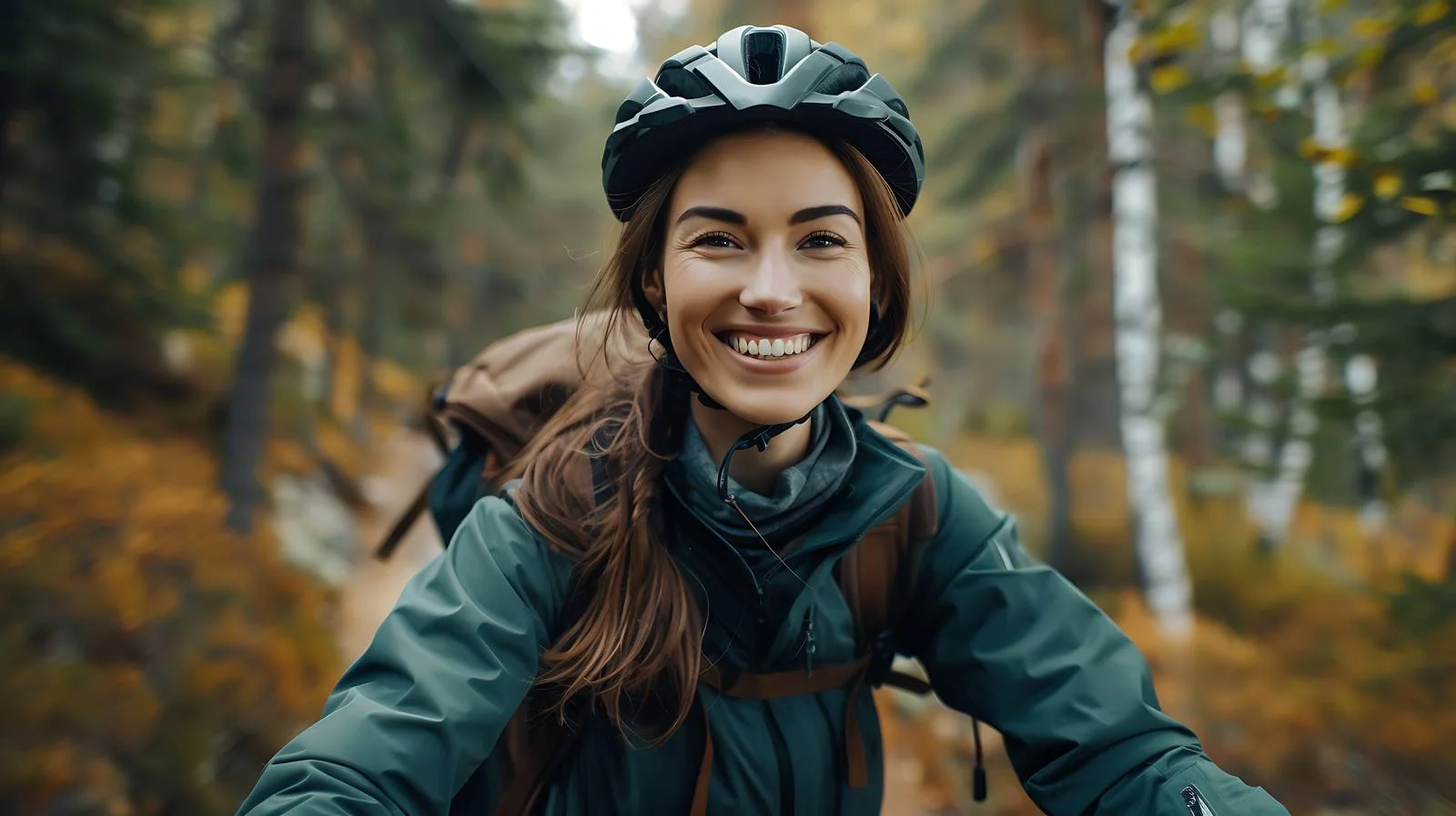 Joyful Woman Mountain Biking Outdoors — free download from Dotvec