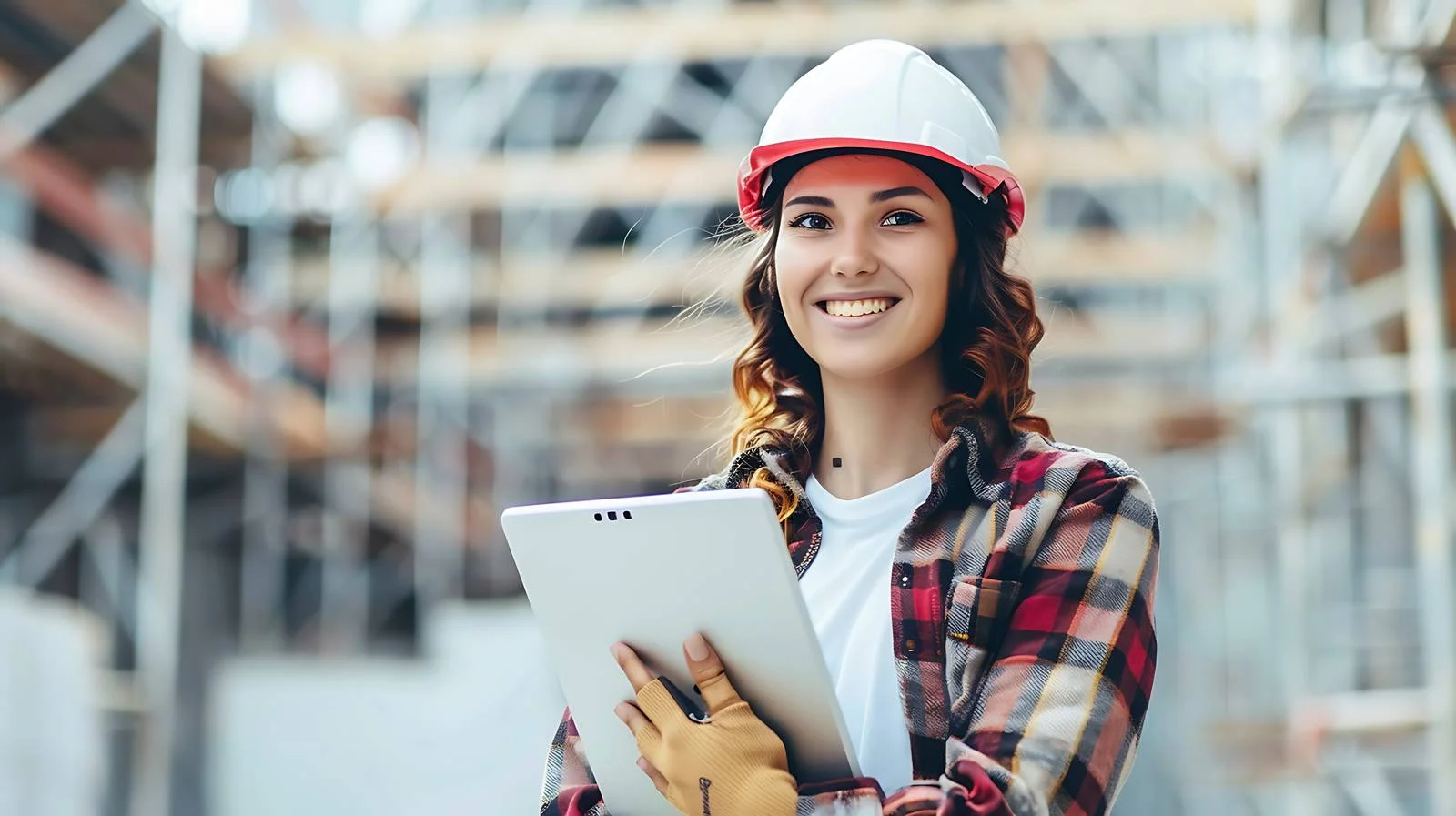 Happy Woman on Construction Site with Tablet — free download from Dotvec