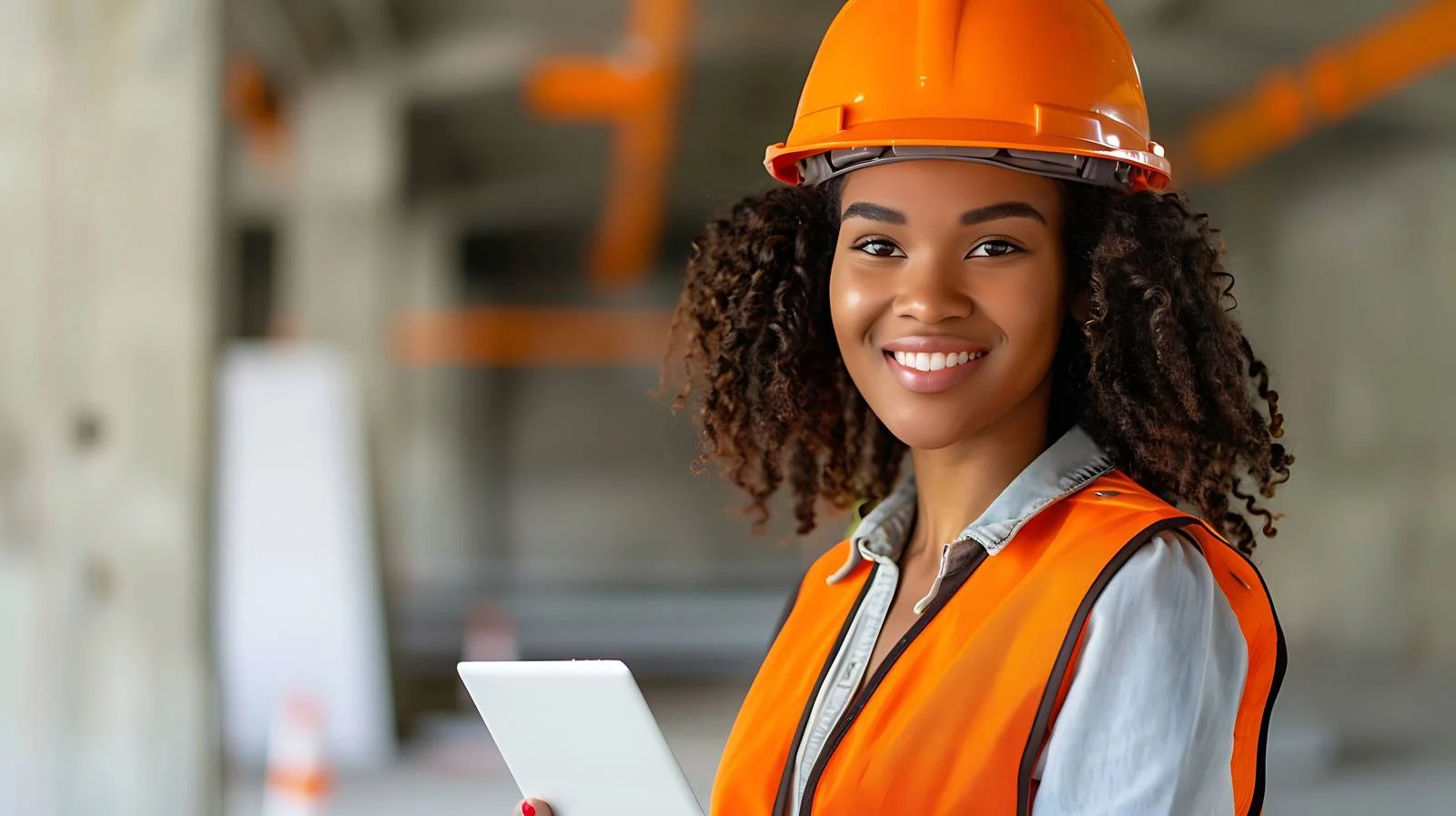 Happy Woman with Tablet on Construction Site — free download from Dotvec