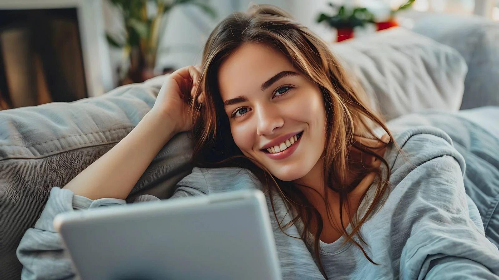 Cheerful Young Woman on Couch — free download from Dotvec