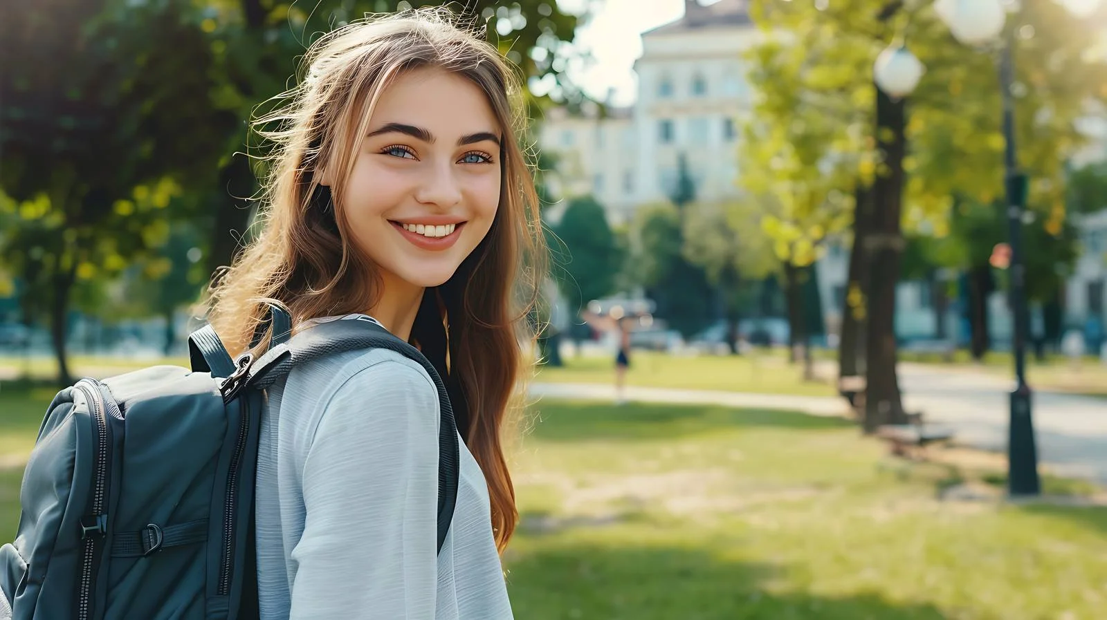 Joyful Woman with Backpack Walking Outdoors — free download from Dotvec