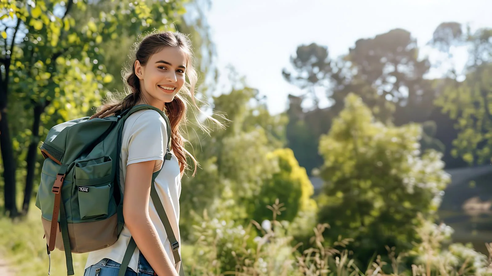 Joyful Woman Backpack Stroll — free download from Dotvec