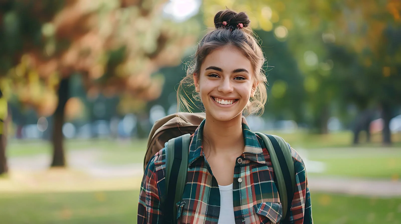 Young Woman Smiling with Backpack Outdoors — free download from Dotvec