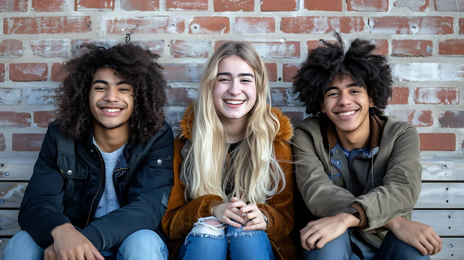 Joyful trio relaxing on park bench — free download from Dotvec
