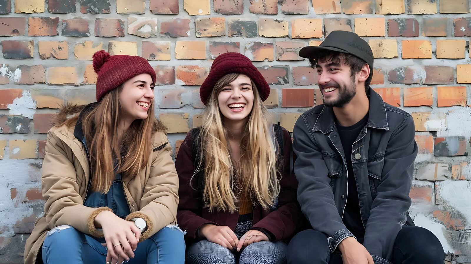 Joyful trio relaxing on park bench — free download from Dotvec