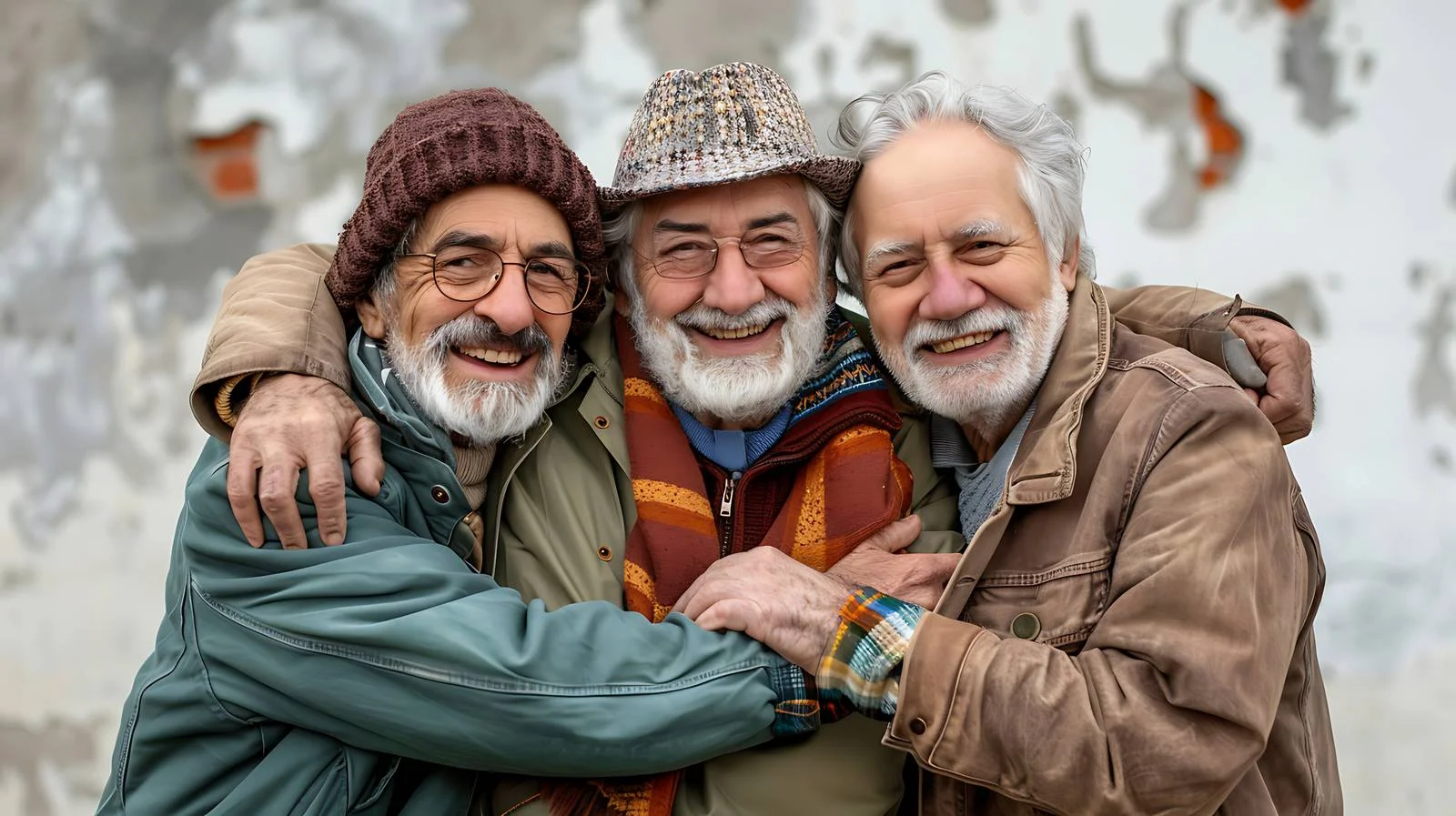 Diverse trio of joyful men hugging warmly — free download from Dotvec