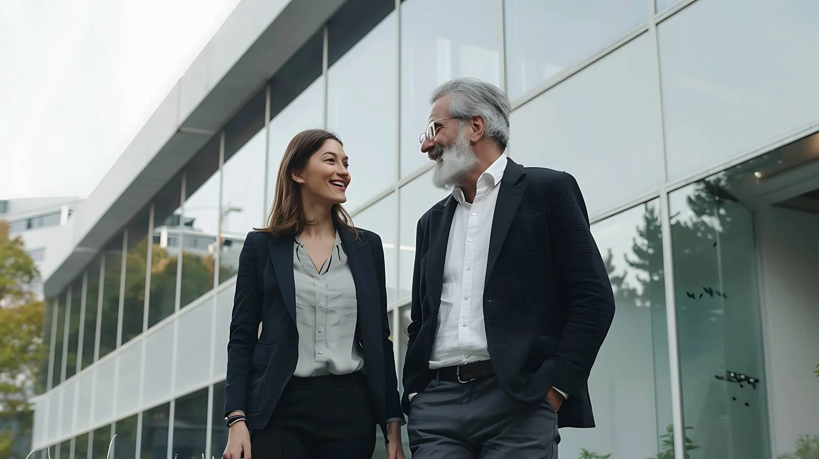 Happy Colleagues Outside Office Building — free download from Dotvec