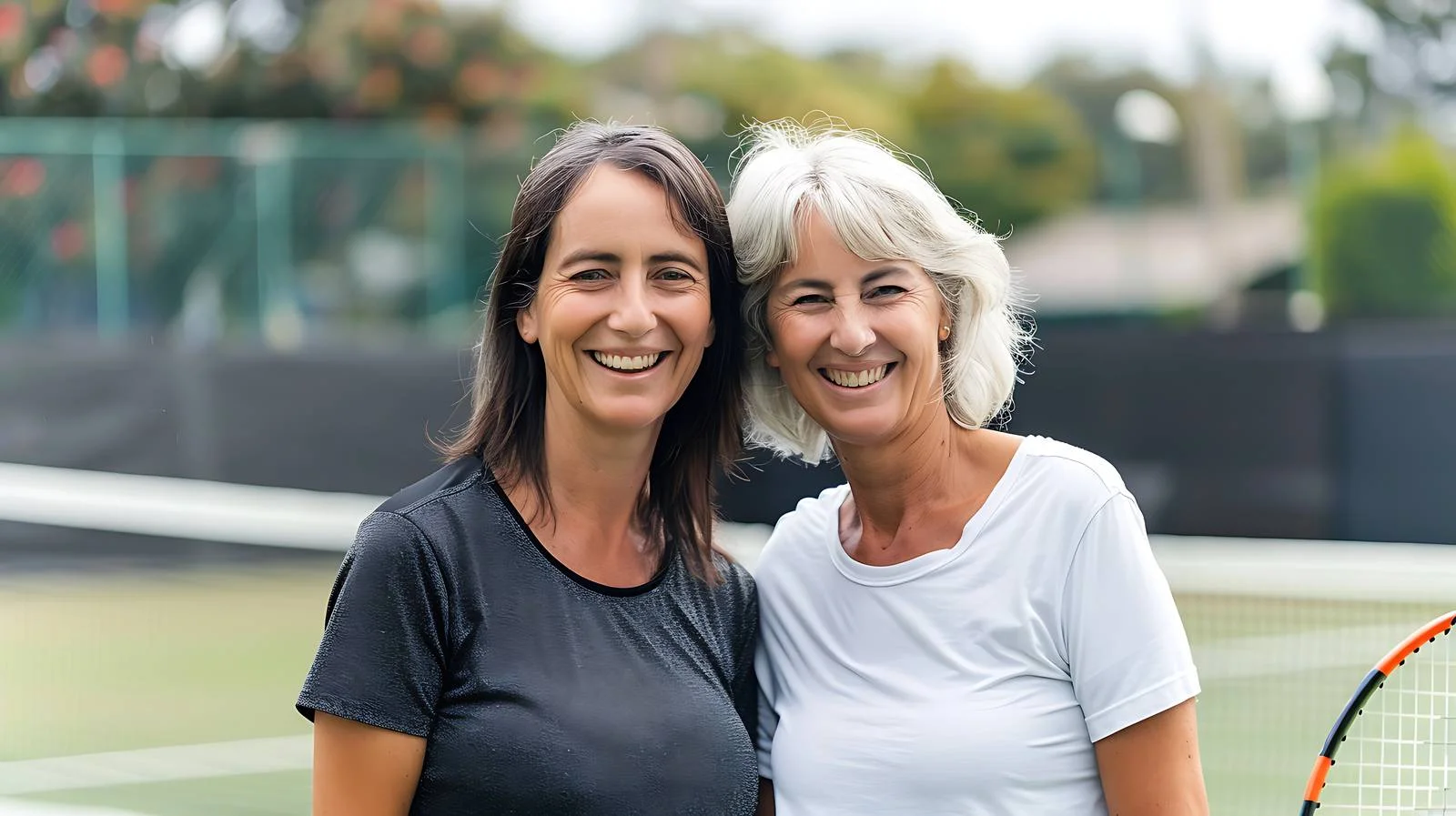 Joyful mature women on grassy court — free download from Dotvec