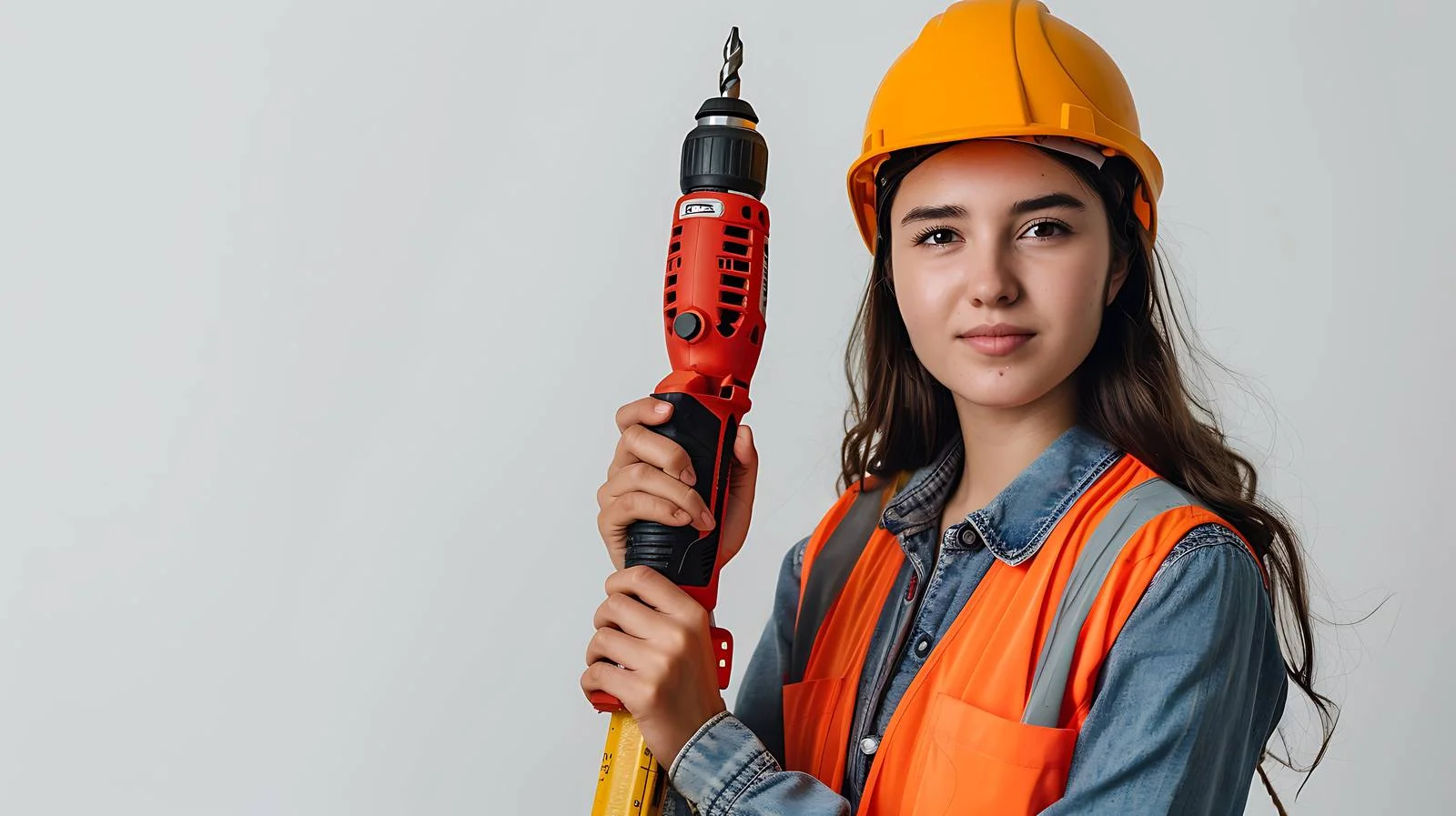 Professional Woman Using Electric Drill on Ladder — free download from Dotvec