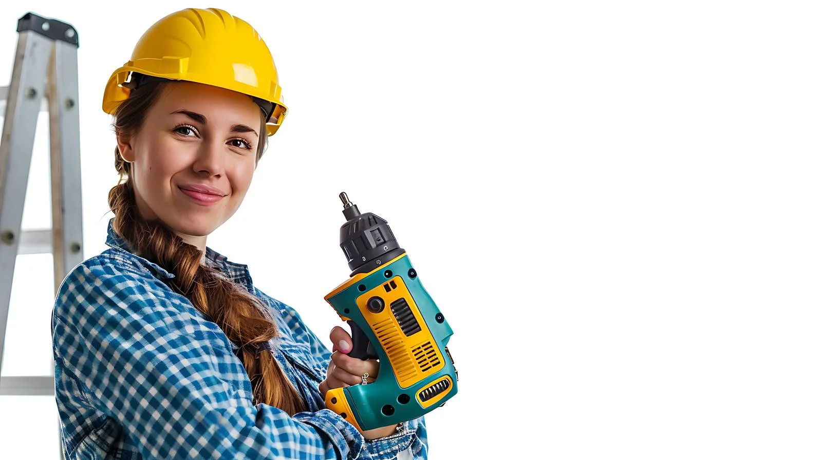 Woman with Electric Drill at Ladder — free download from Dotvec