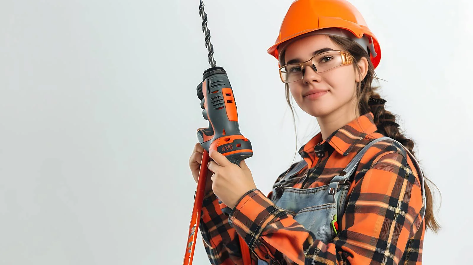 Woman using electric drill on ladder — free download from Dotvec