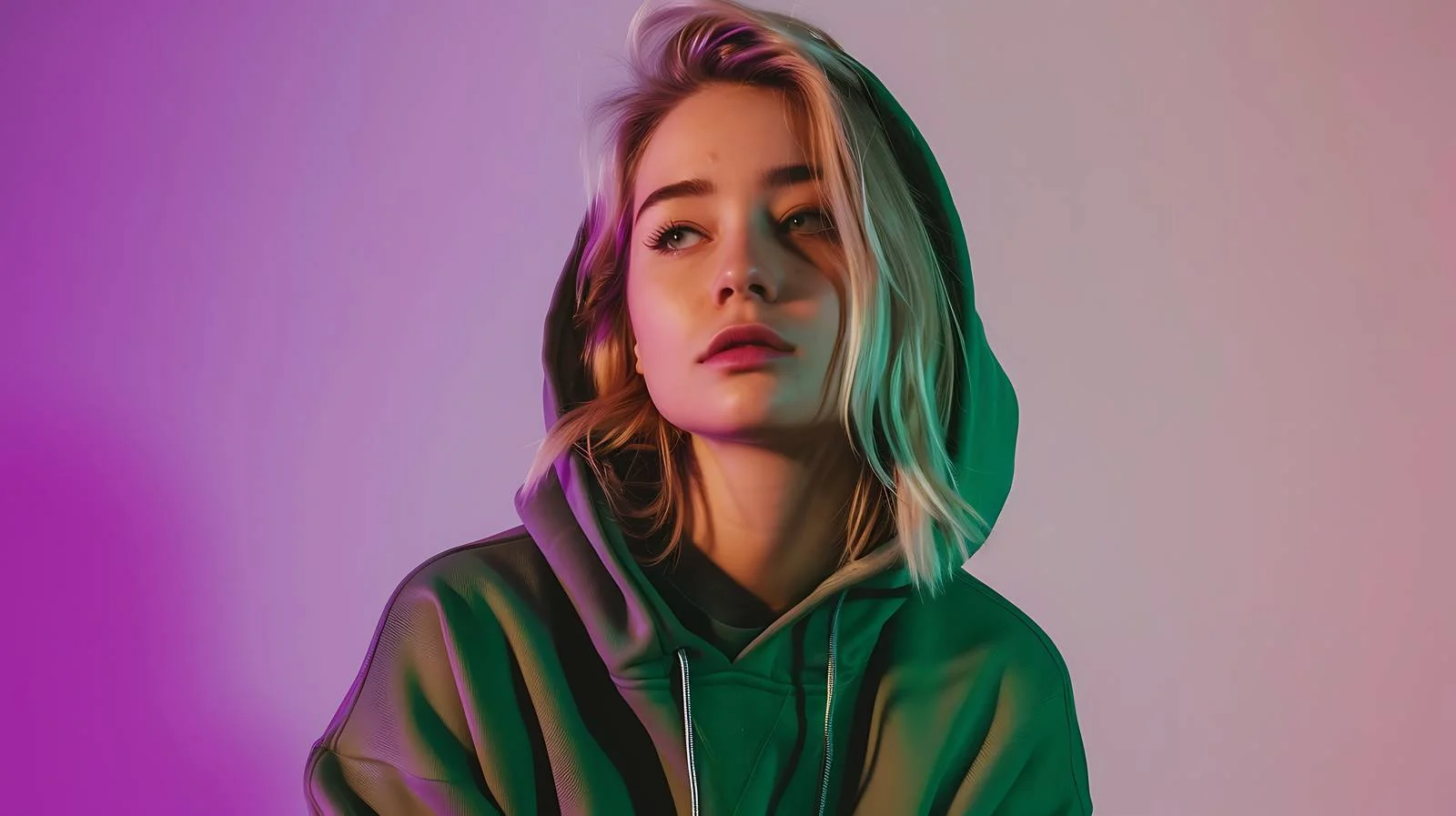 Stylish Blonde Woman in Green Hoodie — free download from Dotvec