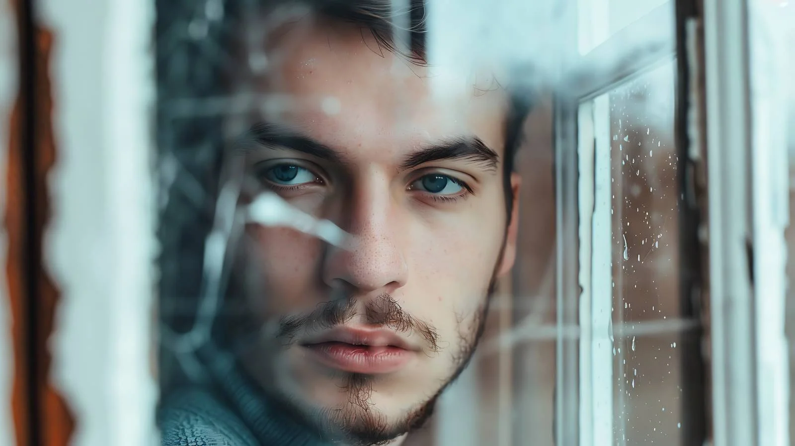 Serene Young Man Behind Windowpane — free download from Dotvec
