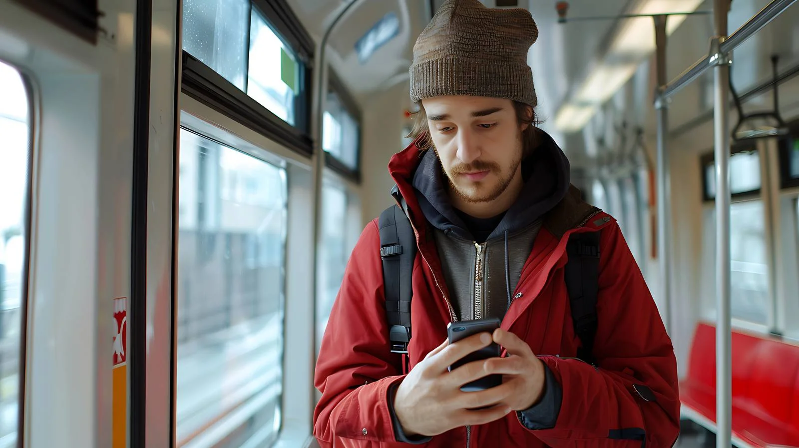 Young Man in Tramway Using Smartphone — free download from Dotvec