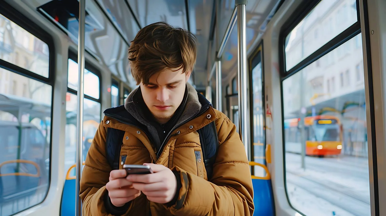 Young Man on Tramway Using Smartphone — free download from Dotvec