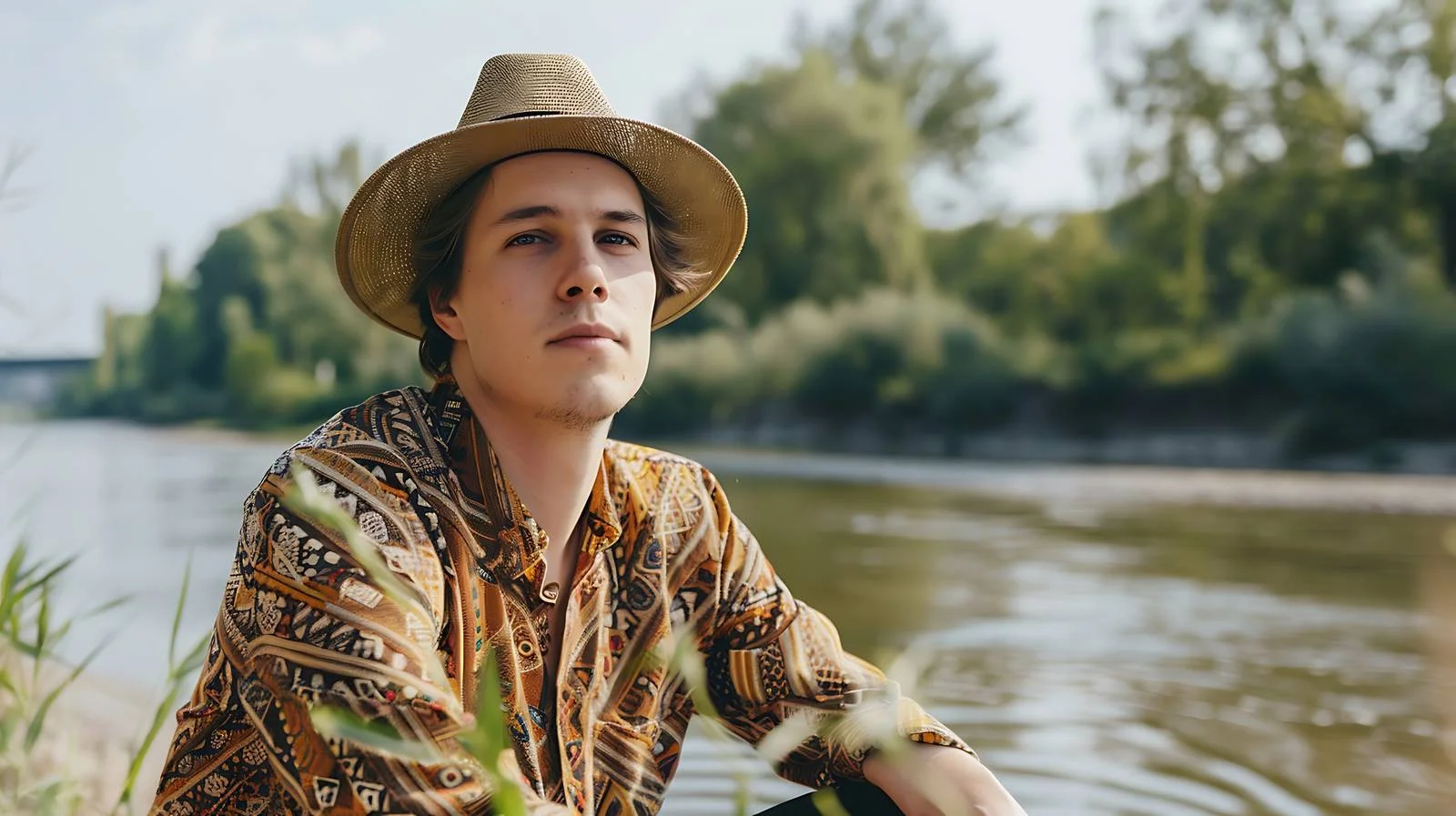 Stylish young man in hat by riverbank — free download from Dotvec