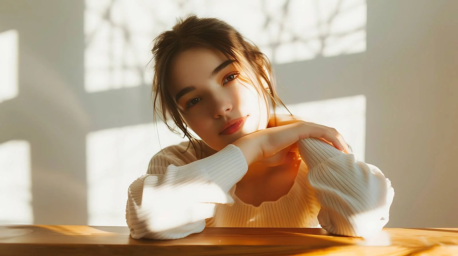 Serene Young Woman Leaning Wooden Table — free download from Dotvec