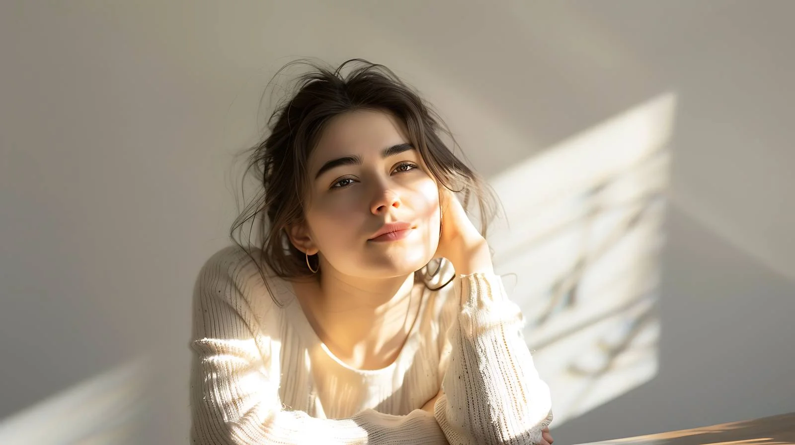 Young Woman Leaning on Wooden Table — free download from Dotvec