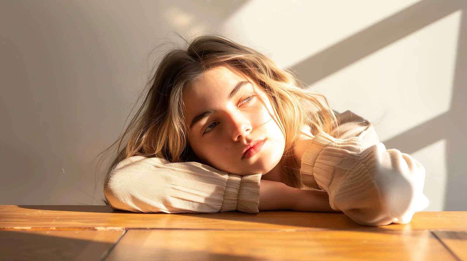 Serene Young Woman by Wooden Table — free download from Dotvec