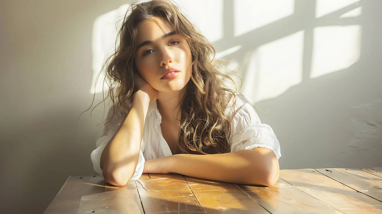 Serene Young Woman Leaning Wooden Table — free download from Dotvec