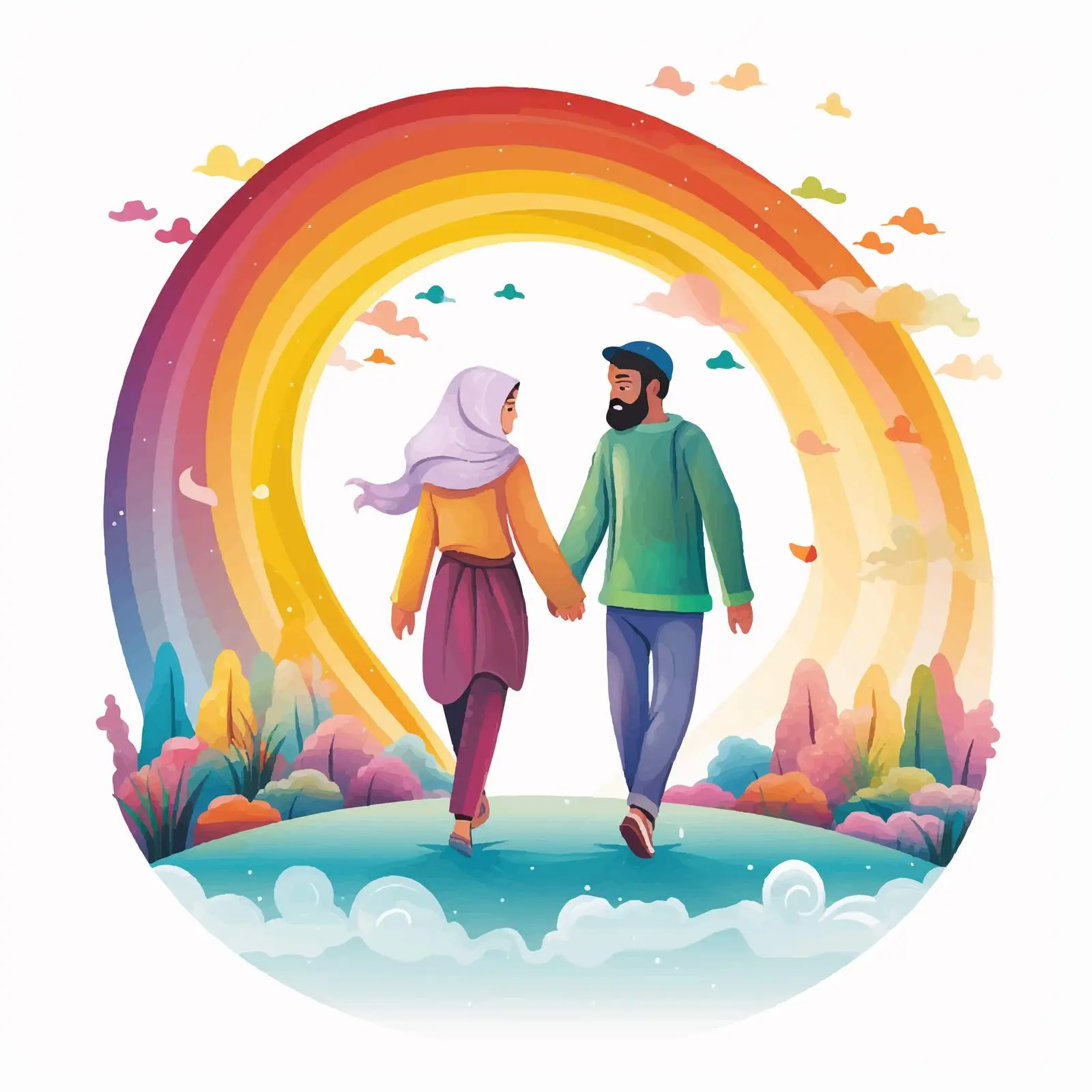 Muslim Couple Walking Over a Rainbow Vector – free spectrum image from Dotvec