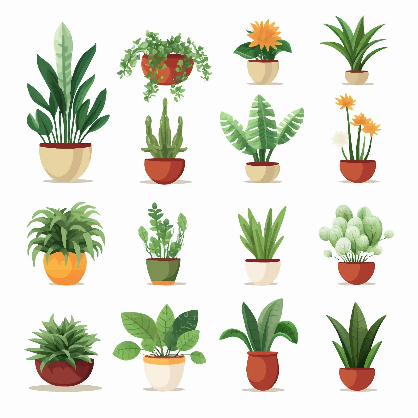 Set of Potted Green Leaf Houseplants and Flowers — free download from Dotvec