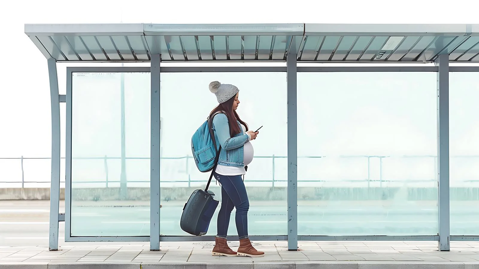 Pregnant Woman at Bus Stop Using Phone — free download from Dotvec