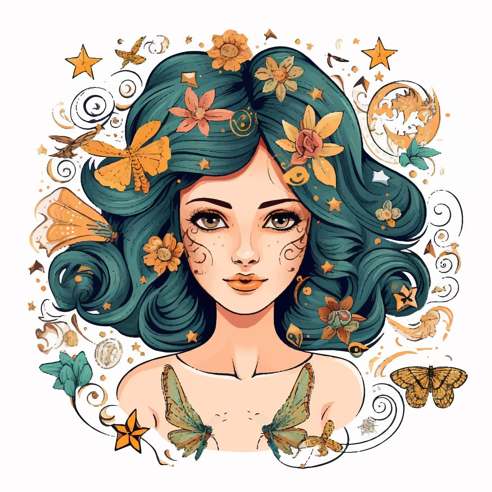 Cancer Zodiac Sign Pretty Girl Doodle Postcard – free kawaii design image from Dotvec