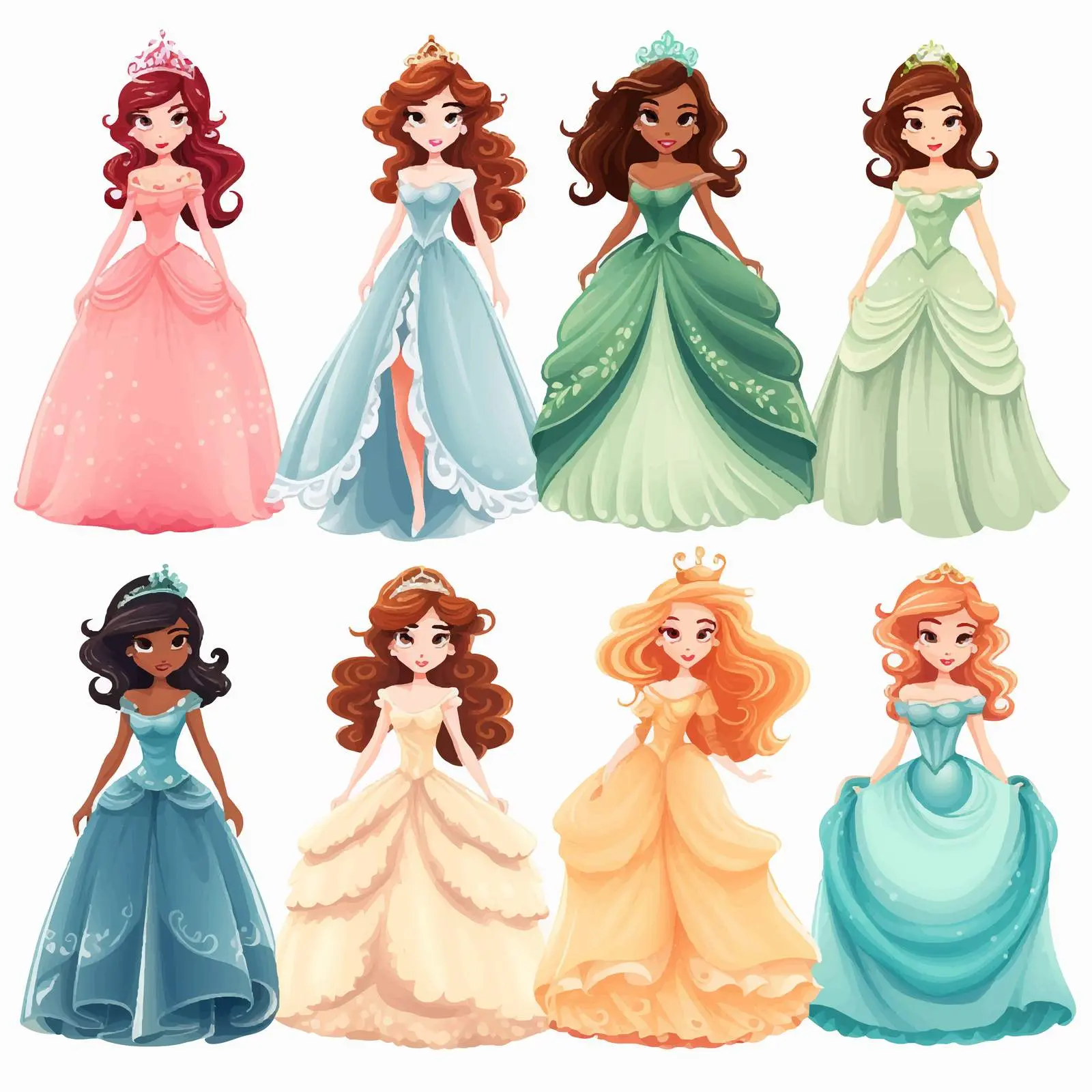 Princess in Diverse Beautiful Dresses Vector Art — free download from Dotvec