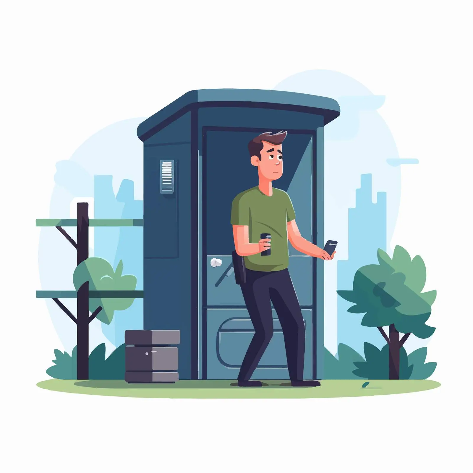 Angry Man Waiting at a Locked Portable Toilet – free toilet humor image from Dotvec