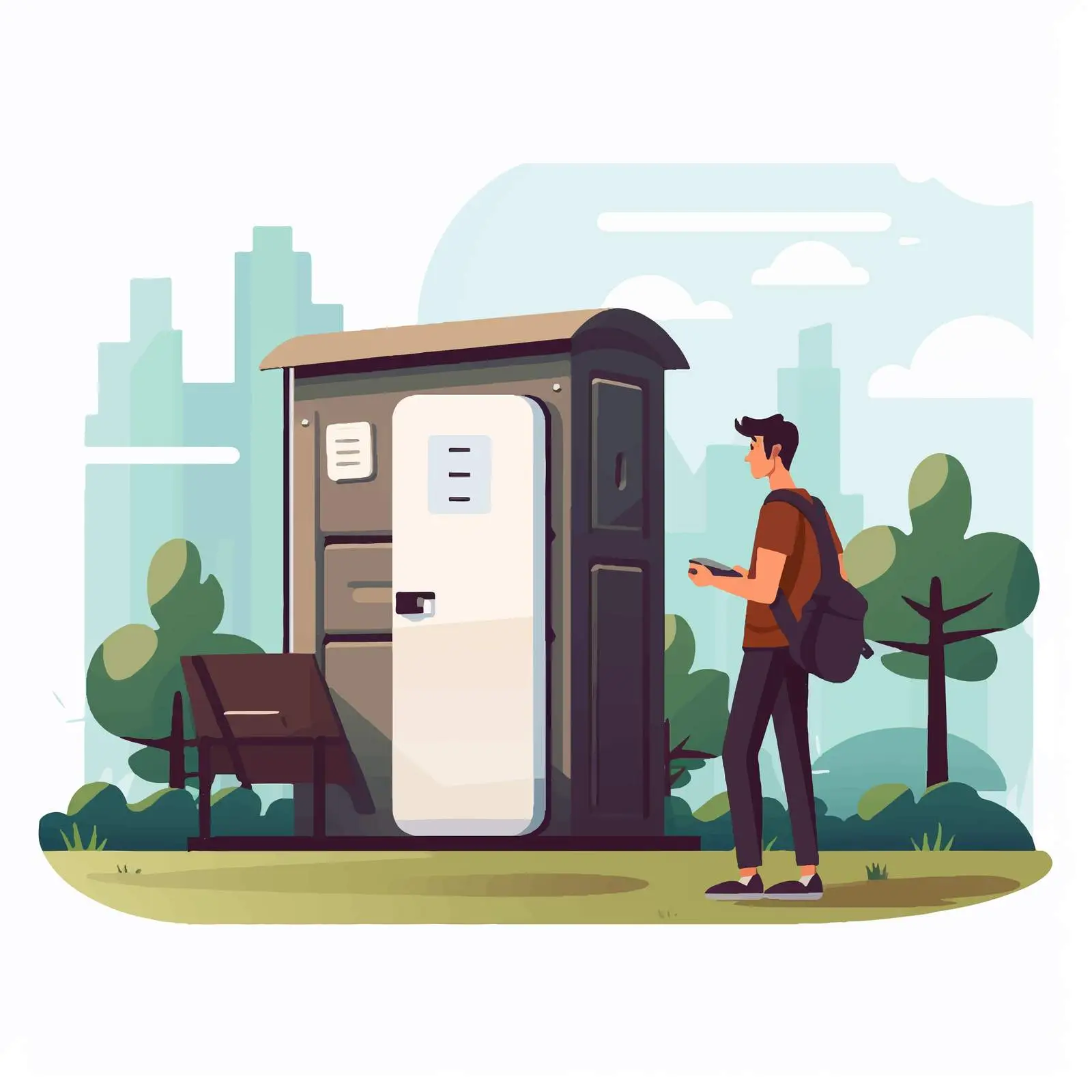 Frustrated Man Waiting by Locked Portable Toilet — free download from Dotvec