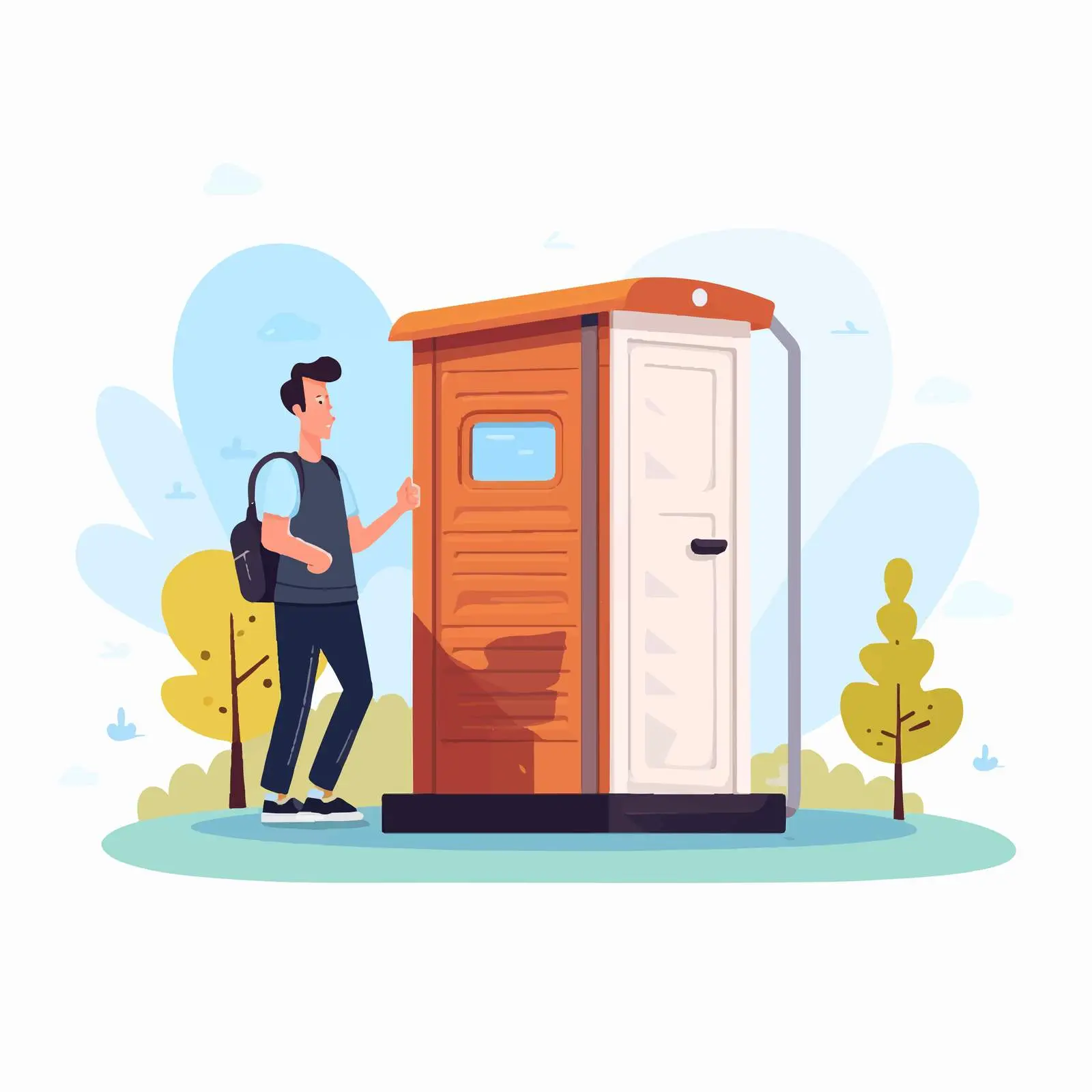 Frustrated Man Waiting at Locked Portable Toilet – free checking image from Dotvec