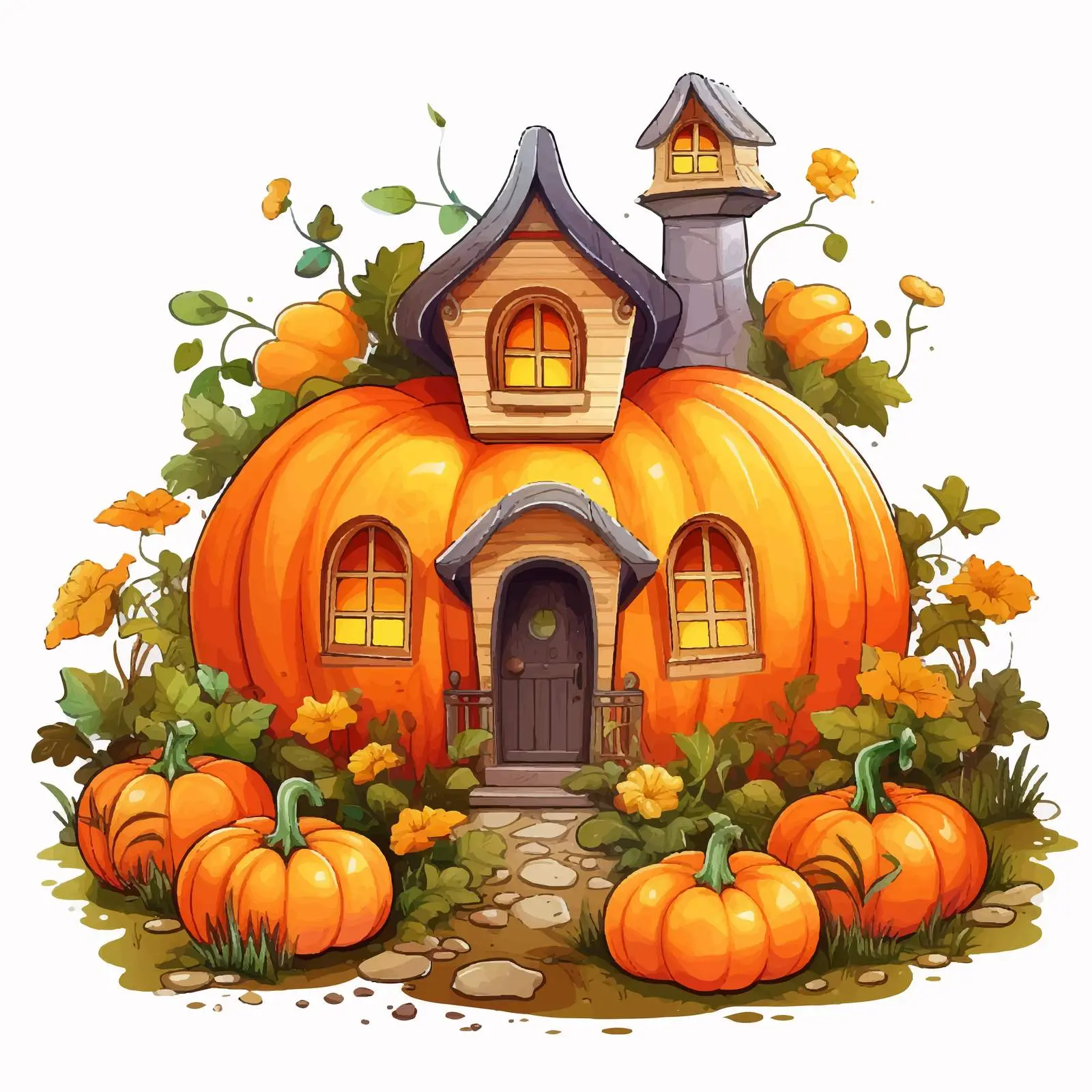 Cartoon Pumpkin House in Garden Illustration — free download from Dotvec
