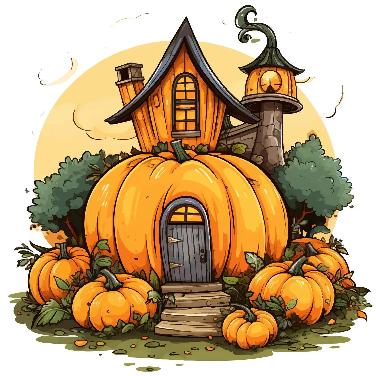 Cartoon Pumpkin House in Garden Illustration — free download from Dotvec
