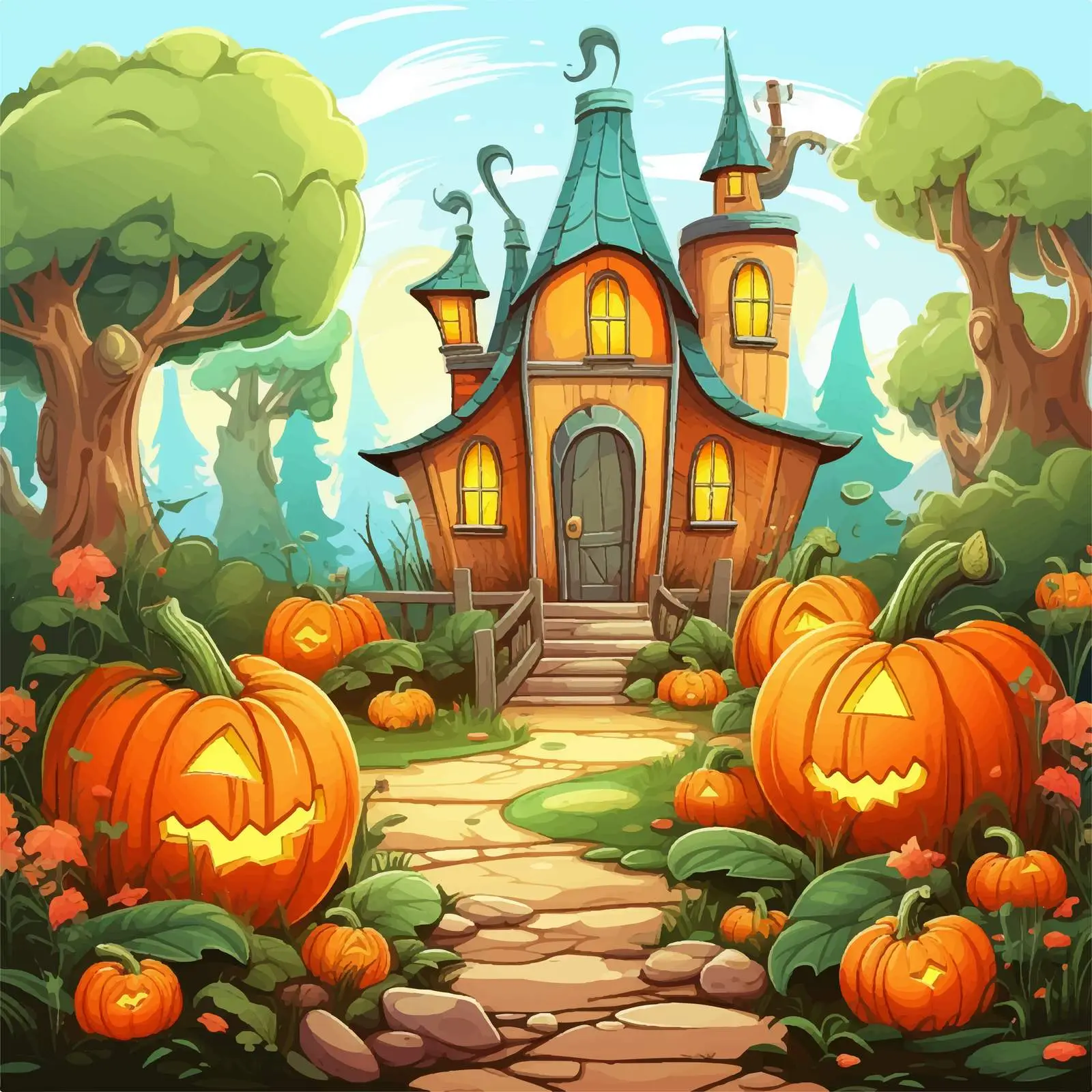 Pumpkin House Cartoon Illustration in Garden — free download from Dotvec