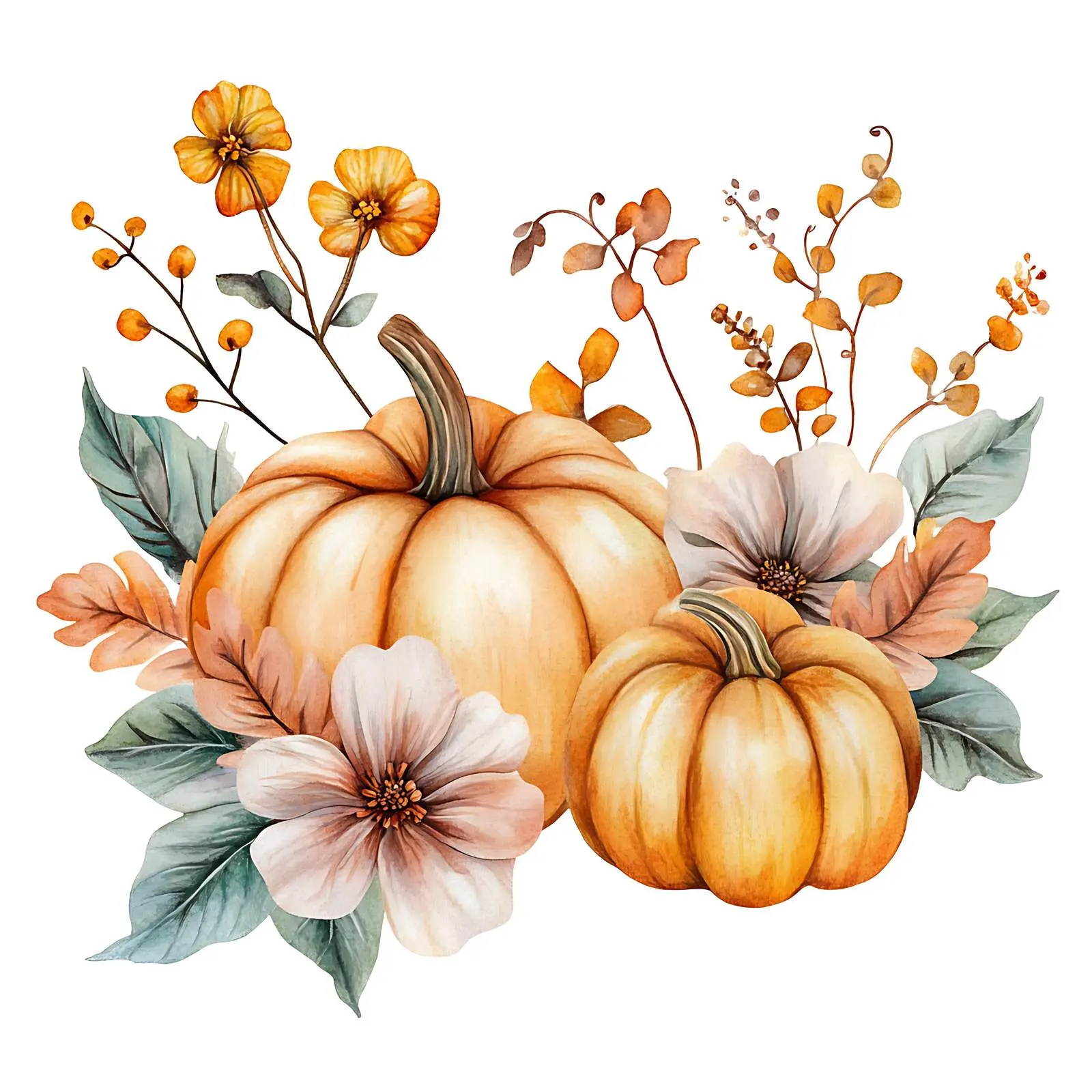 Watercolor Clipart of Pumpkins and Flowers – free paint image from Dotvec