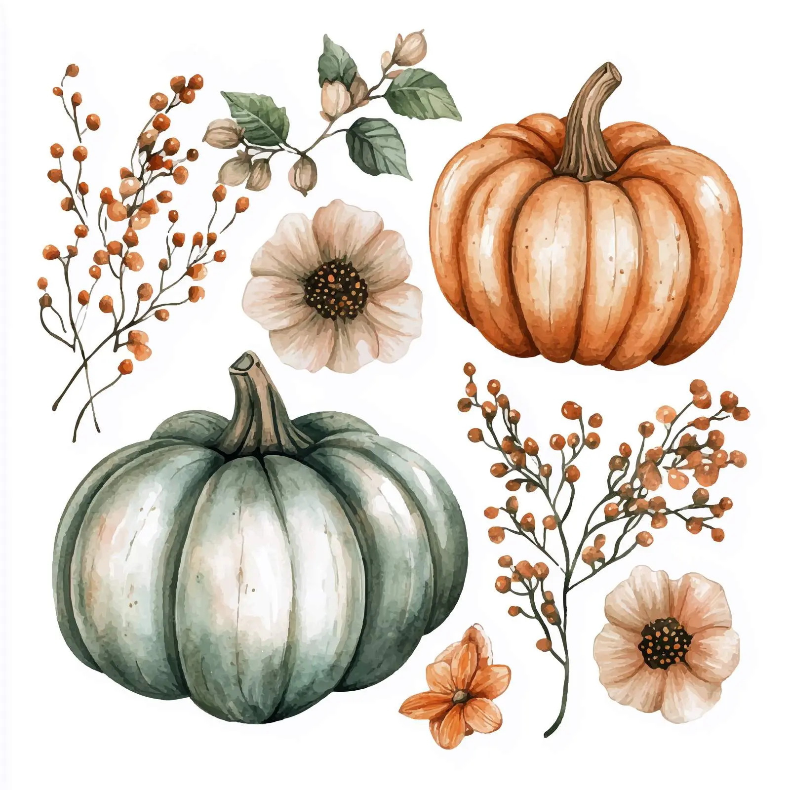 Watercolor Pumpkins and Flowers Clipart Design — free download from Dotvec
