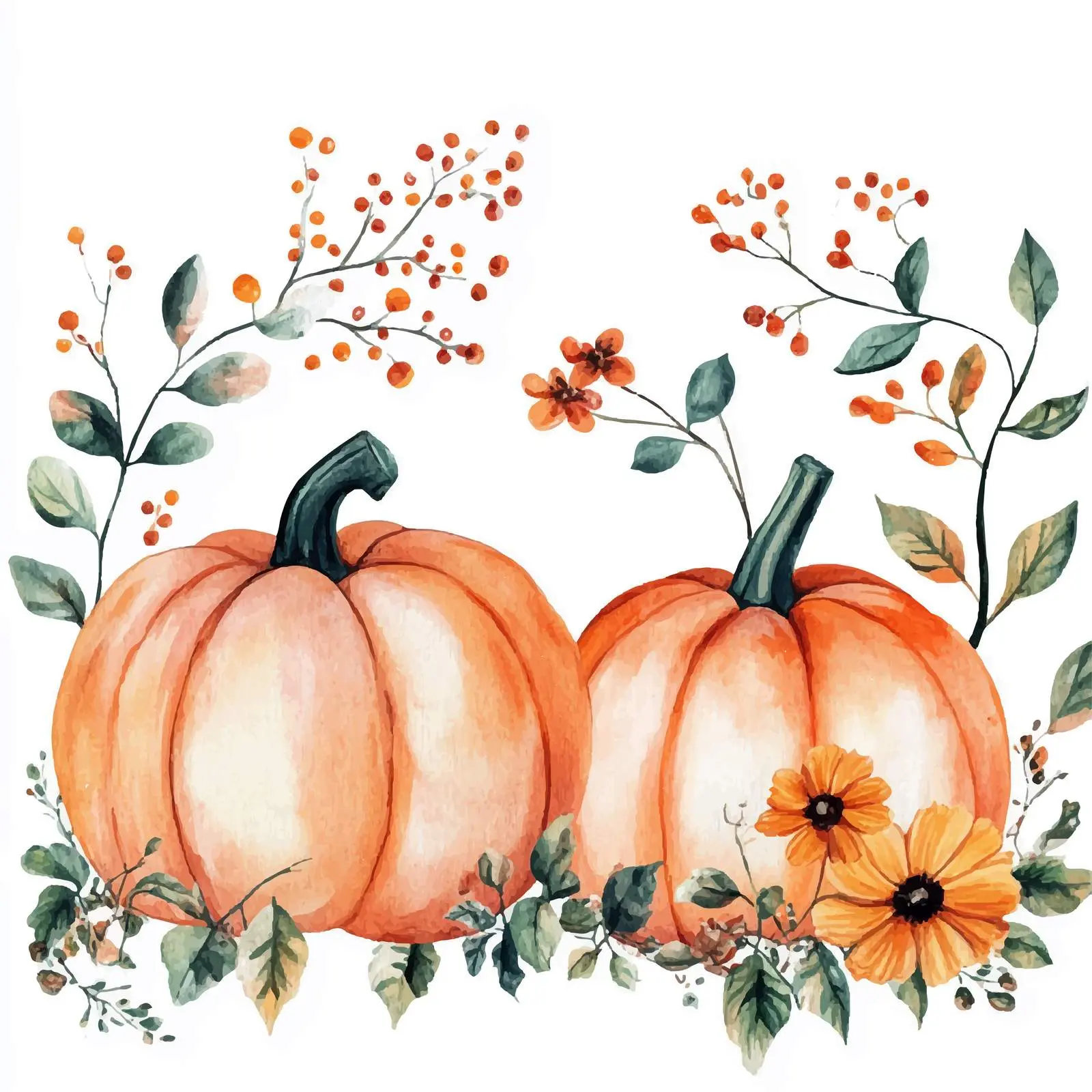 Watercolor Clipart of Pumpkins and Flowers — free download from Dotvec